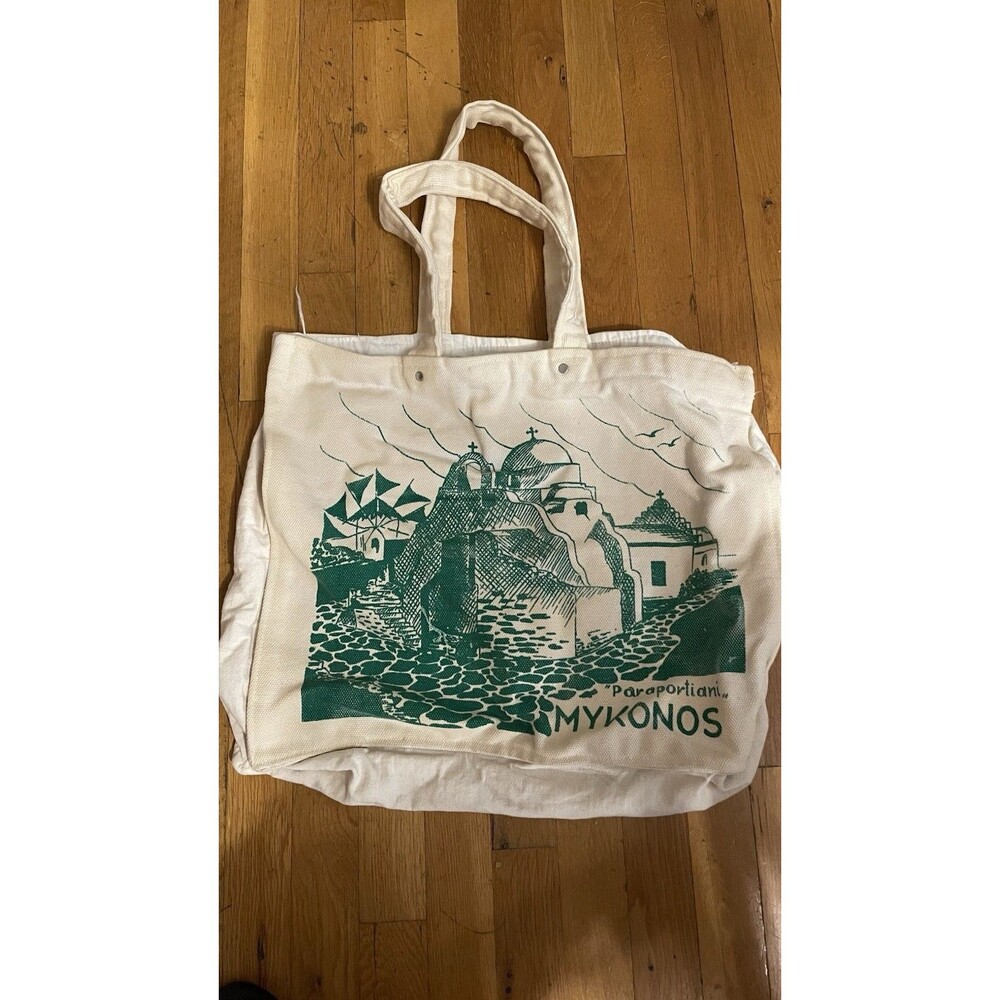 Vintage Mykonos Greece Canvas Tote Bag Paraportiani Church Large Beach  18 in